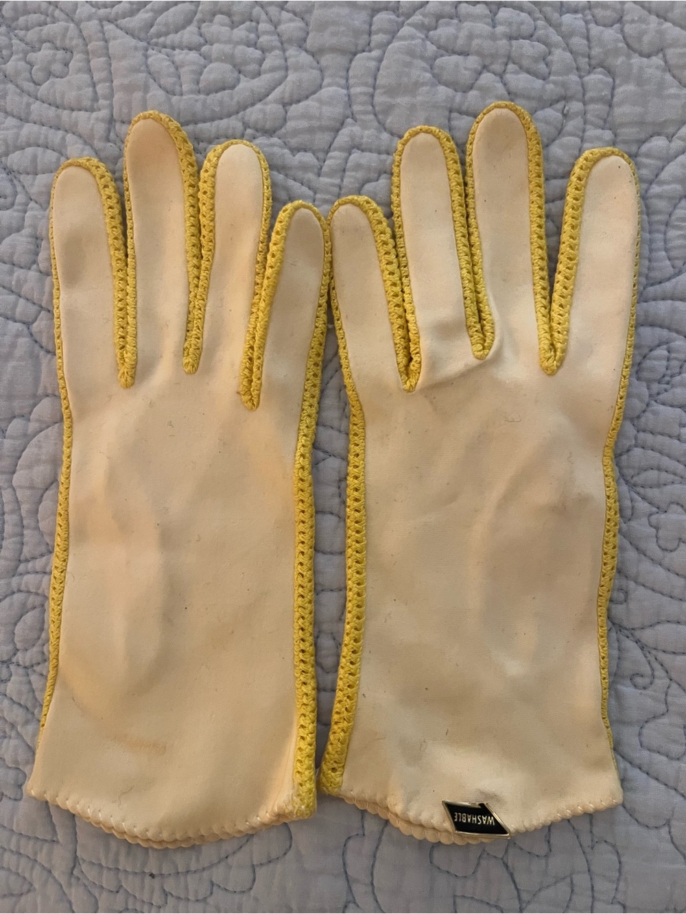 Cream and Yellow Crochet-Trim Women's Gloves